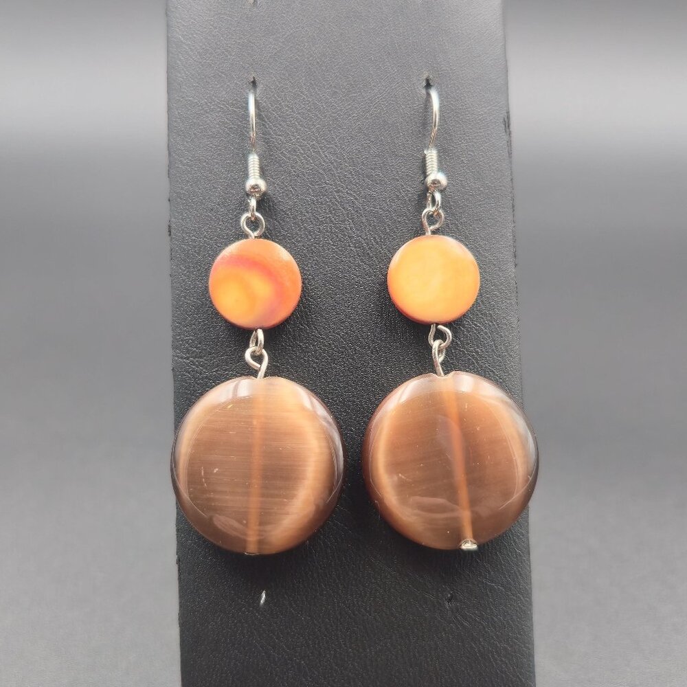 Silver Plated Over Copper Shell And Large Tiger's Eye Earrings A6142